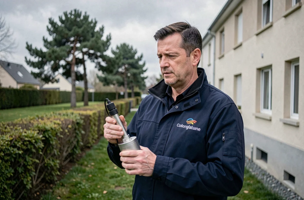 Diagnostiqueur Ac Environnement Seine-et-Marne réalisant une mesure de qualité de l'air près d'une résidence en zone verte