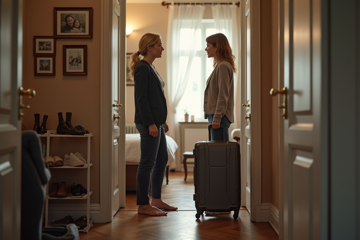 Femme accueillant une jeune femme avec valise à l