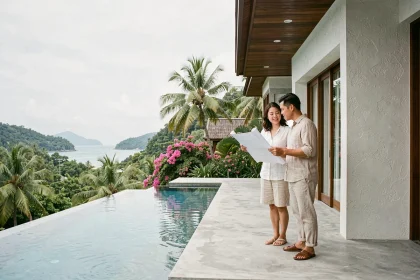 Couple consultant des plans devant une villa contemporaine avec piscine à débordement à Koh Samui, Thaïlande