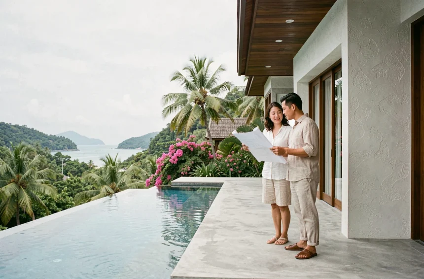 Couple consultant des plans devant une villa contemporaine avec piscine à débordement à Koh Samui, Thaïlande