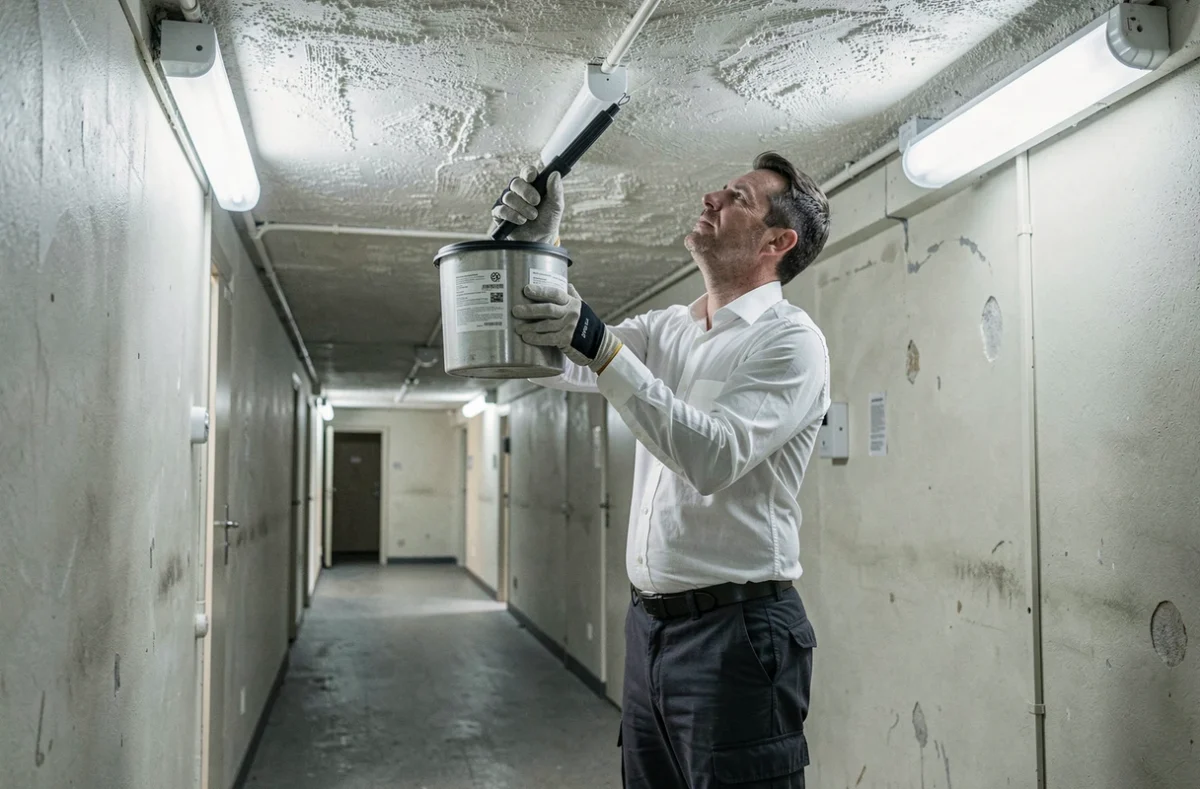 Diagnostiqueur ADN Diagnostics Immobiliers inspectant un plafond pour détecter la présence d'amiante avec kit de prélèvement