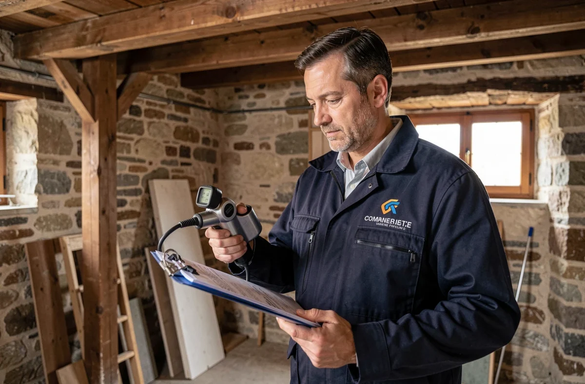 Diagnostiqueur AGENDA Diagnostics 77 Sud Fontainebleau inspectant une cave de maison avec détecteur de gaz