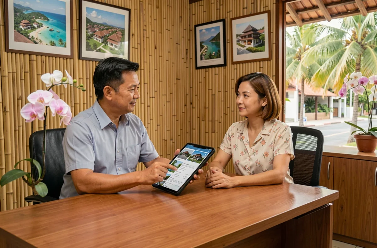 Agent immobilier thaïlandais présentant des annonces de propriétés à une expatriée dans une agence immobilière de Koh Samui
