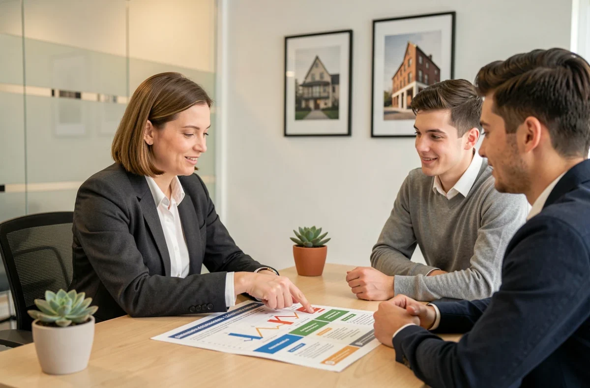 Agent immobilier expliquant les différences d'assurance appartement entre locataire et propriétaire lors d'une réunion