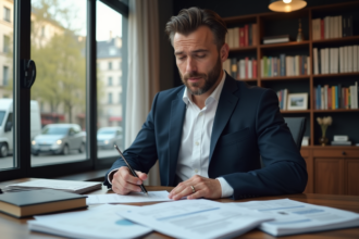 Agent immobilier français au bureau avec documents