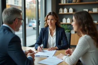 Agent immobilier conseillant un couple lors d'une signature de compromis dans une agence professionnelle