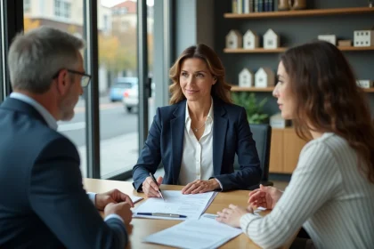 Agent immobilier conseillant un couple lors d'une signature de compromis dans une agence professionnelle