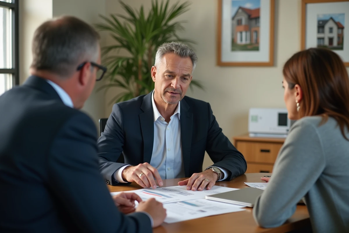 Agent immobilier conseillant un couple en situation de divorce urgent lors d'une réunion de vente de maison