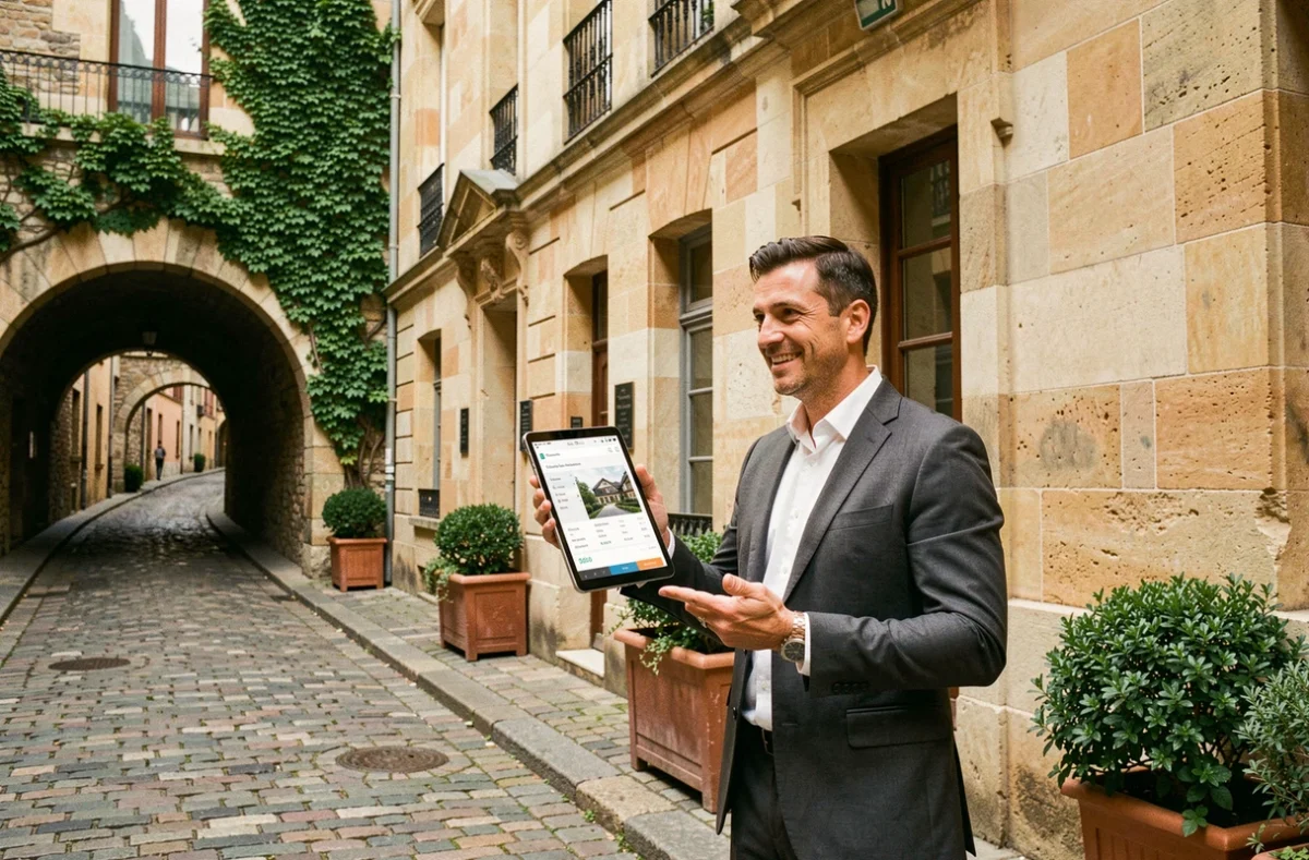Agent immobilier présentant une estimation de bien ancien dans le quartier Croix-Rousse à Lyon