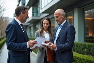 Agent immobilier prestige présentant une estimation immobilière à des acheteurs exigeants devant un immeuble de luxe moderne