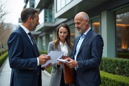 Agent immobilier prestige présentant une estimation immobilière à des acheteurs exigeants devant un immeuble de luxe moderne