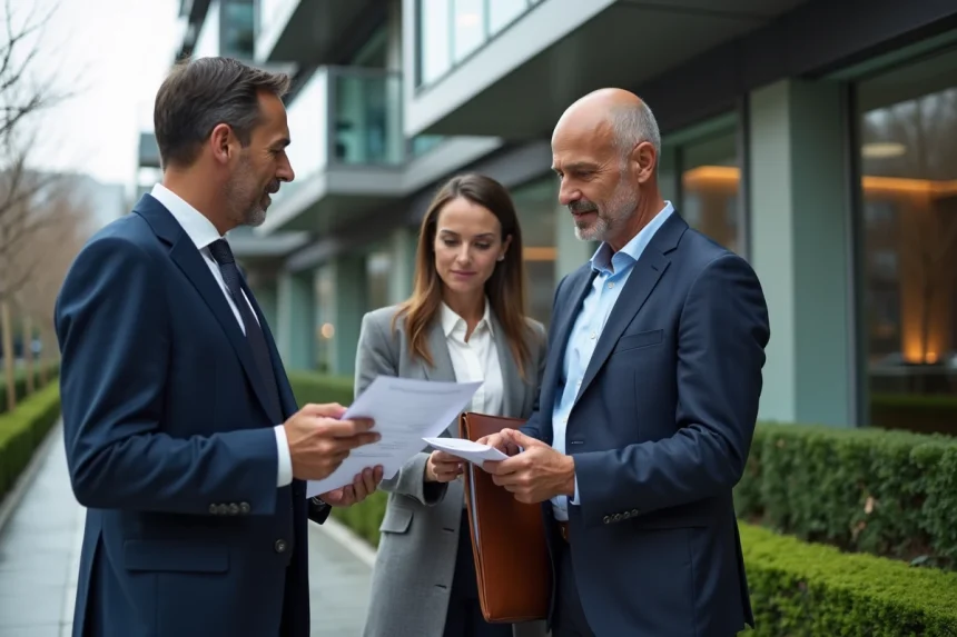Agent immobilier prestige présentant une estimation immobilière à des acheteurs exigeants devant un immeuble de luxe moderne