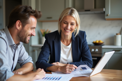 Agent immobilier avec famille dans une cuisine lumineuse