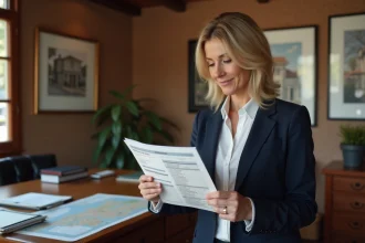 Agent immobilier locale en agence analysant un dossier d'estimation de maison, illustrant la différence d'évaluation entre agence locale et réseau luxe