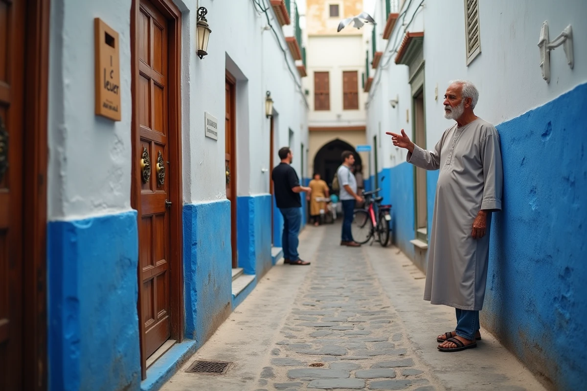 Agent immobilier montrant une propriété à louer dans une ruelle de la médina d'Essaouira avec panneau À louer visible