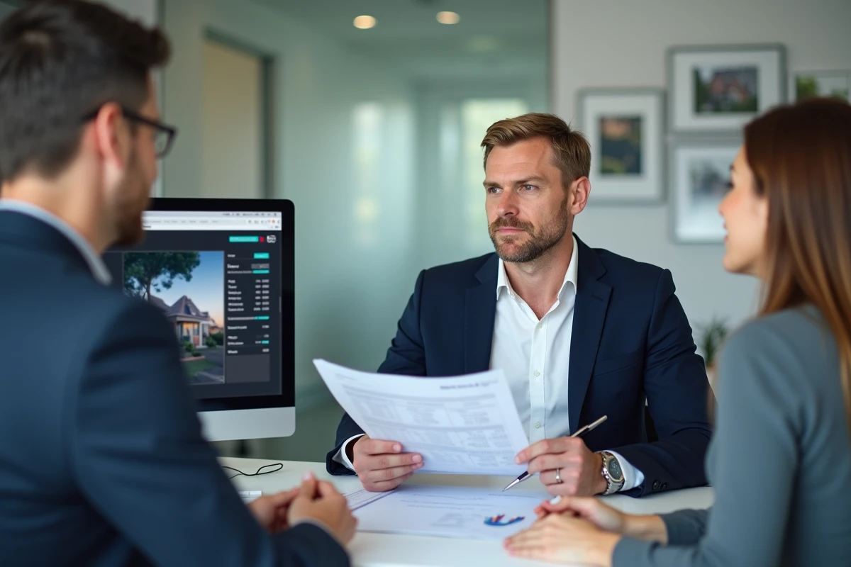 Agent immobilier présentant un rapport d'estimation de bien immobilier à des clients dans une agence moderne
