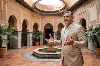 Agent immobilier présentant une villa de style riad à Marrakech avec cour intérieure en zellige