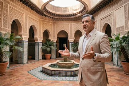 Agent immobilier présentant une villa de style riad à Marrakech avec cour intérieure en zellige