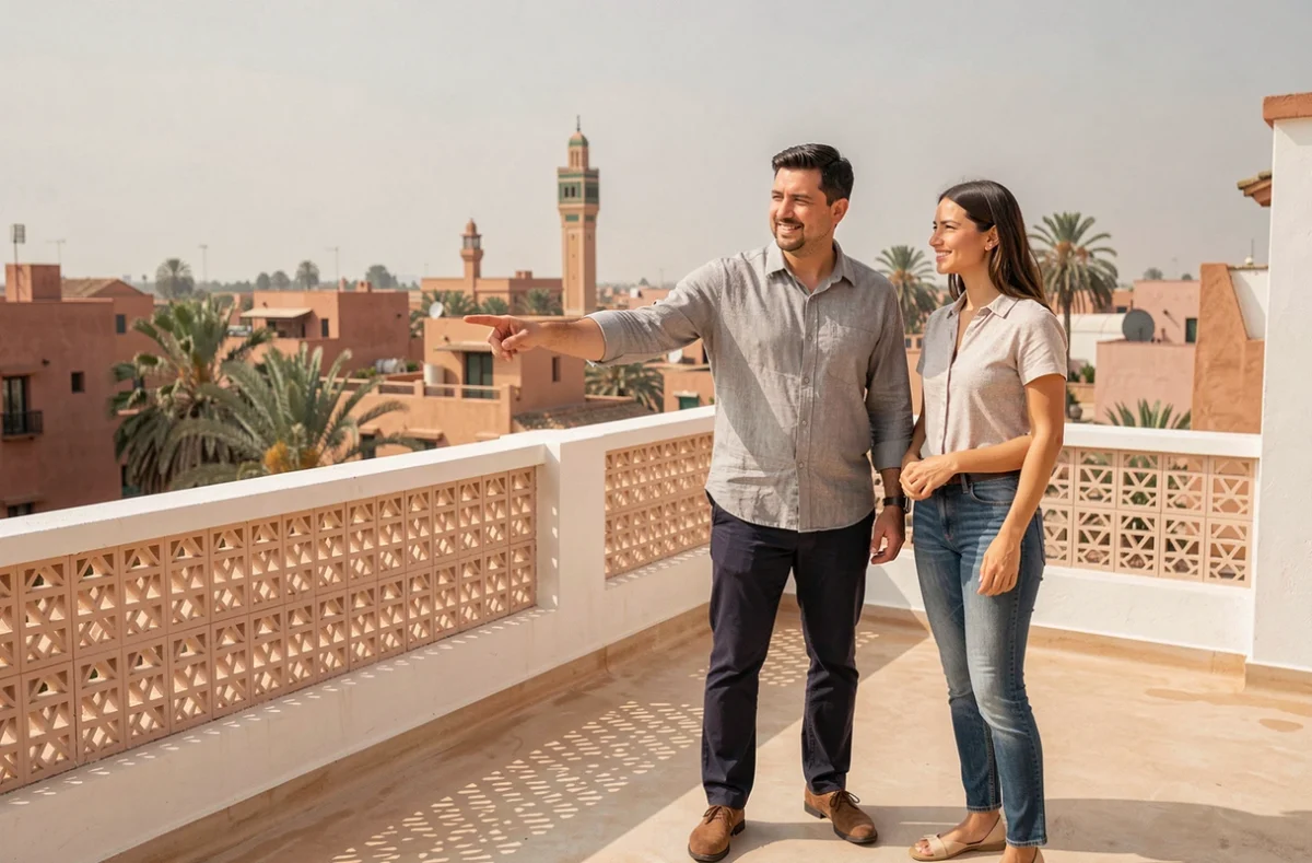 Agent immobilier présentant un appartement à vendre à Marrakech avec terrasse à un couple d'acheteurs, vue sur la ville et écrans en plâtre sculpté