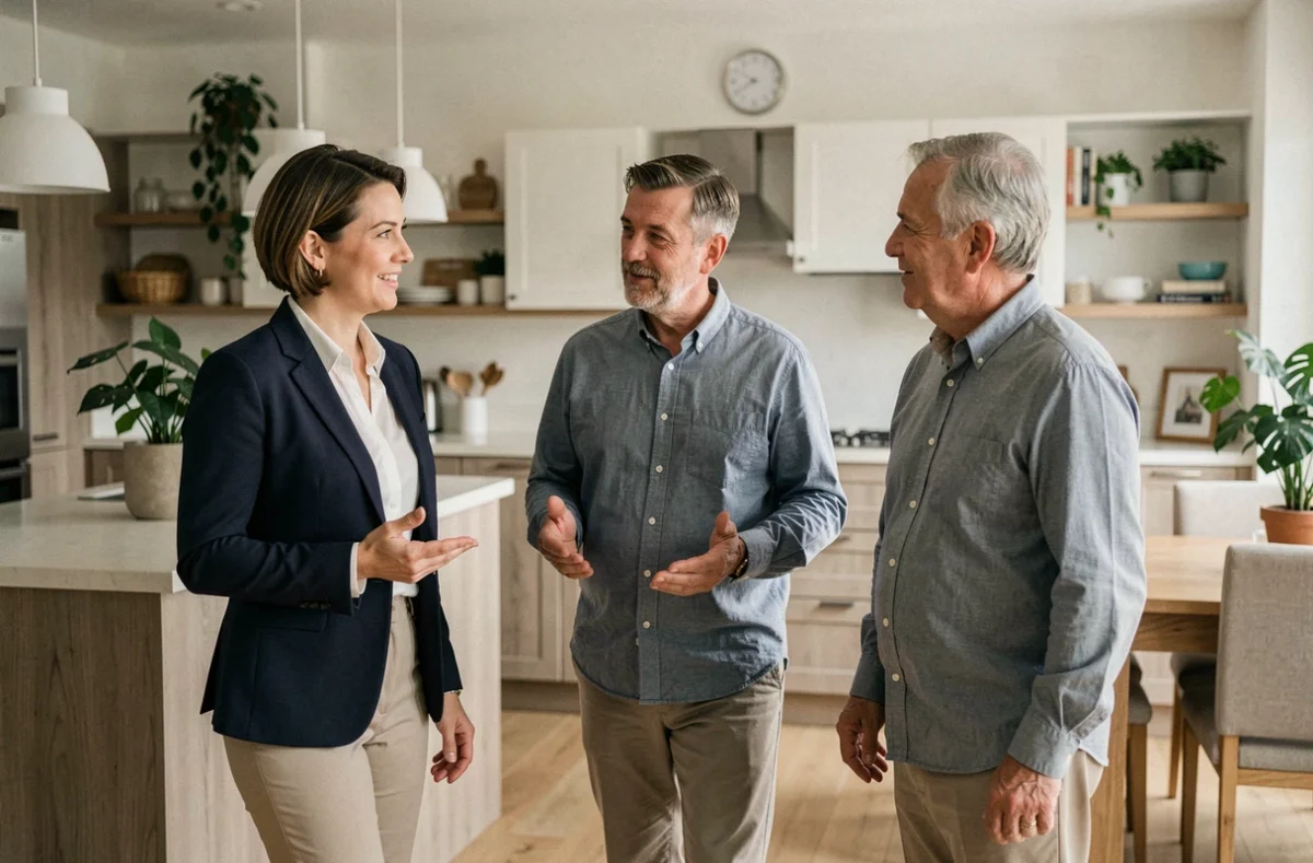Agent immobilier présentant une maison meublée à des acheteurs potentiels lors d'une visite