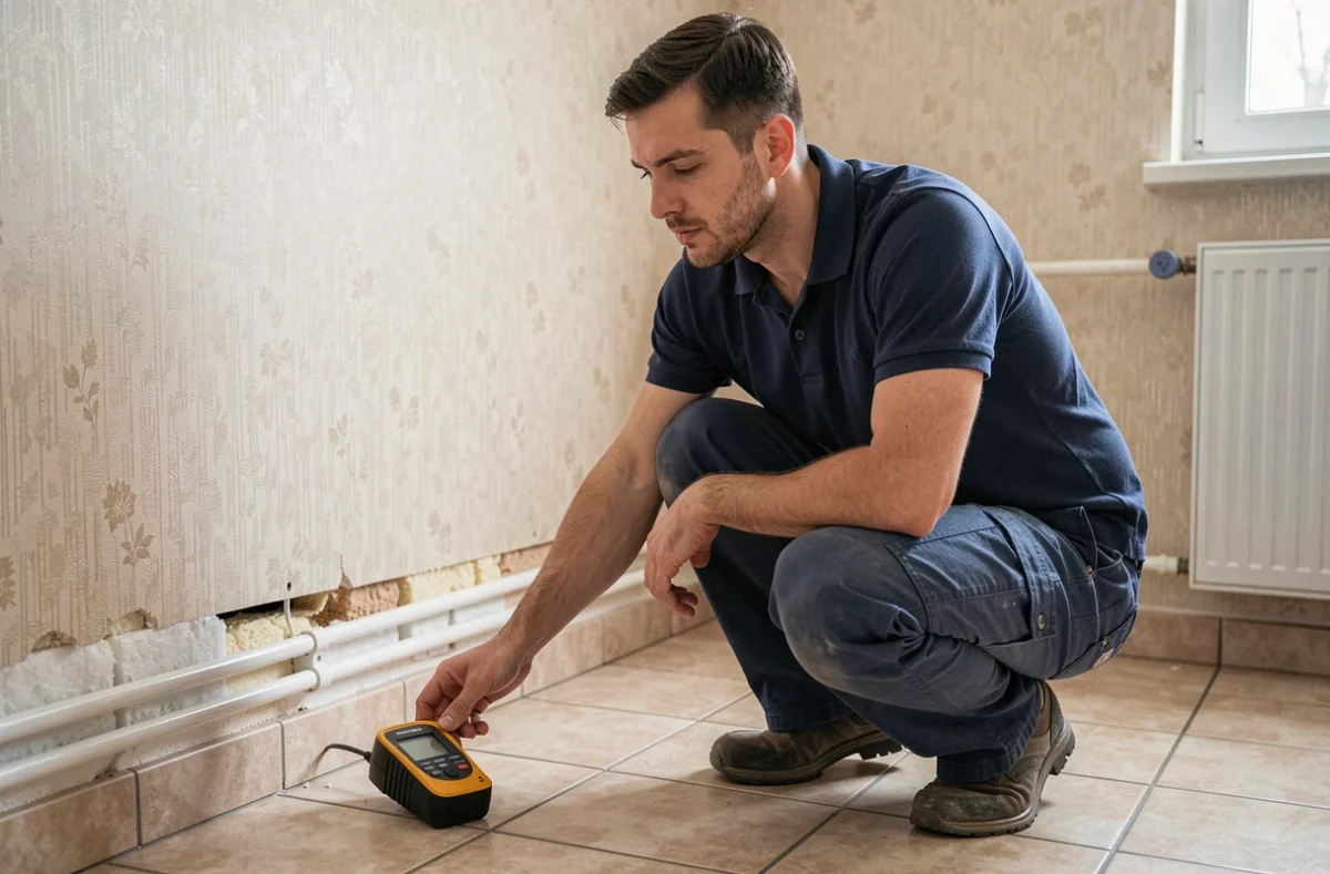 Diagnostiqueur Allodiagnostic Seine-et-Marne mesurant l'humidité d'un mur dans une maison pavillonnaire