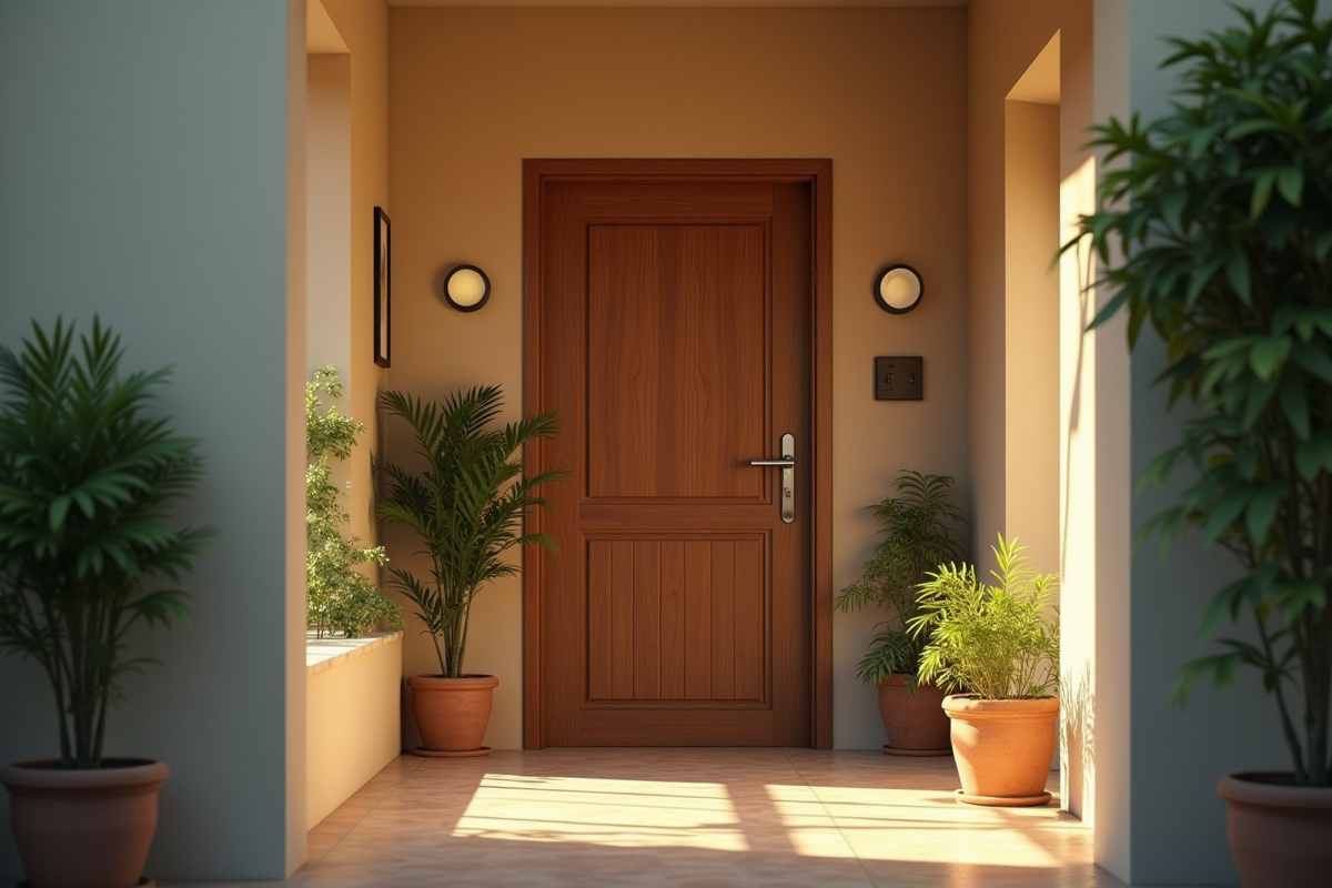 Entrée d appartement propre avec porte sécurisée et plantes vertes