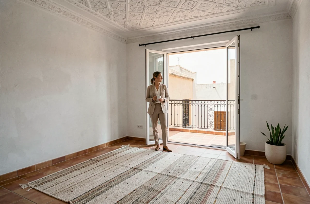 Appartement à vendre à Marrakech avec grande baie vitrée ouvrant sur une terrasse privée, intérieur moderne et détails artisanaux marocains
