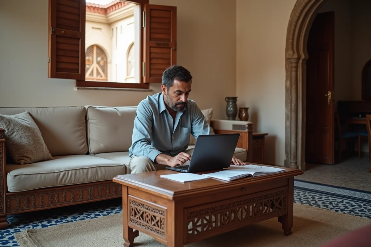 Expatrié travaillant sur son ordinateur portable dans un appartement meublé en location longue durée à Essaouira avec décoration marocaine traditionnelle