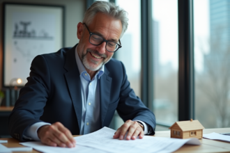 Architecte souriant examine des plans dans un bureau moderne