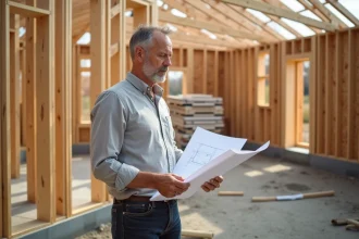 Architecte examinant les plans d'une maison ossature bois en cours de construction