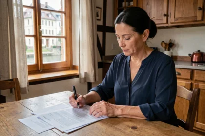 Femme consultant un contrat d'assurance habitation dans un appartement alsacien à Colmar