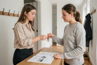 Deux colocataires signant une attestation de remise de clé lors d'une entrée dans un appartement