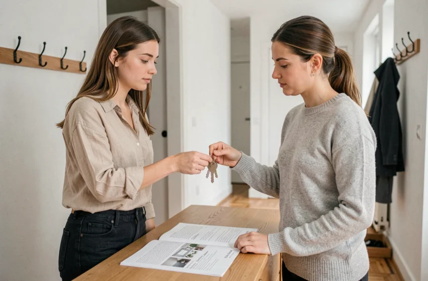 Deux colocataires signant une attestation de remise de clé lors d'une entrée dans un appartement