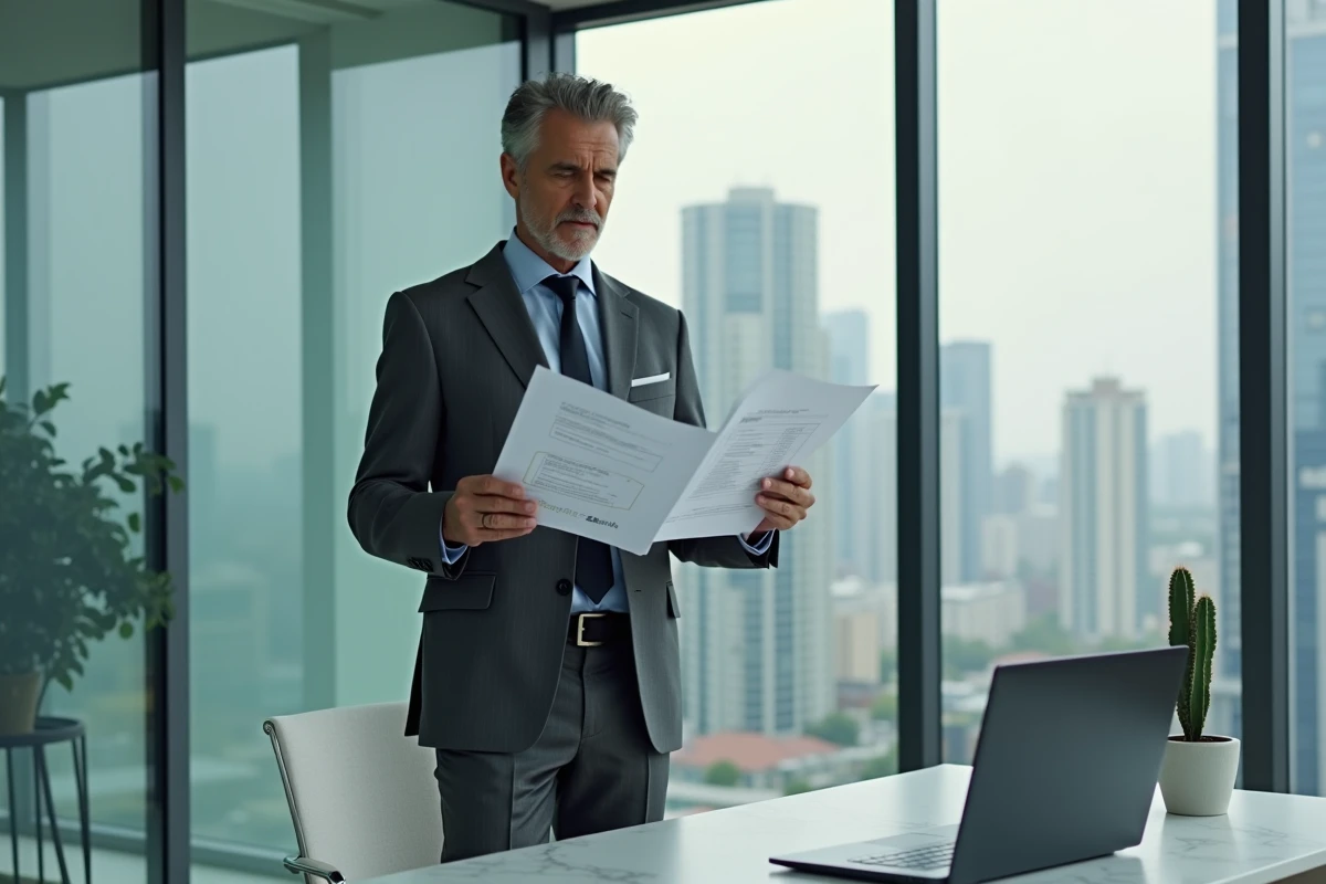 Avocat en costume gris consultant des documents juridiques dans un bureau moderne avec grande fenêtre