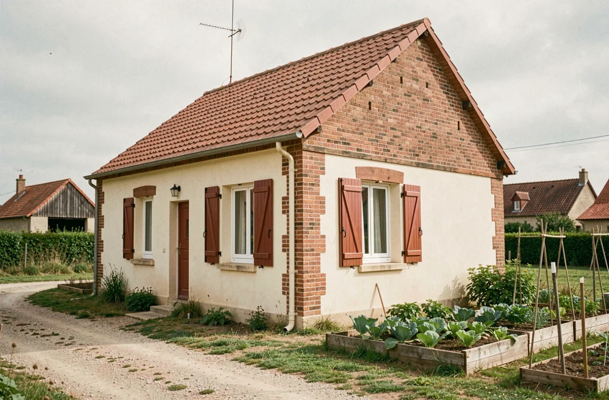 Maison Babeau-Seguin avec chaînes d'angle en briques et volets rouges dans un village rural de l'Indre