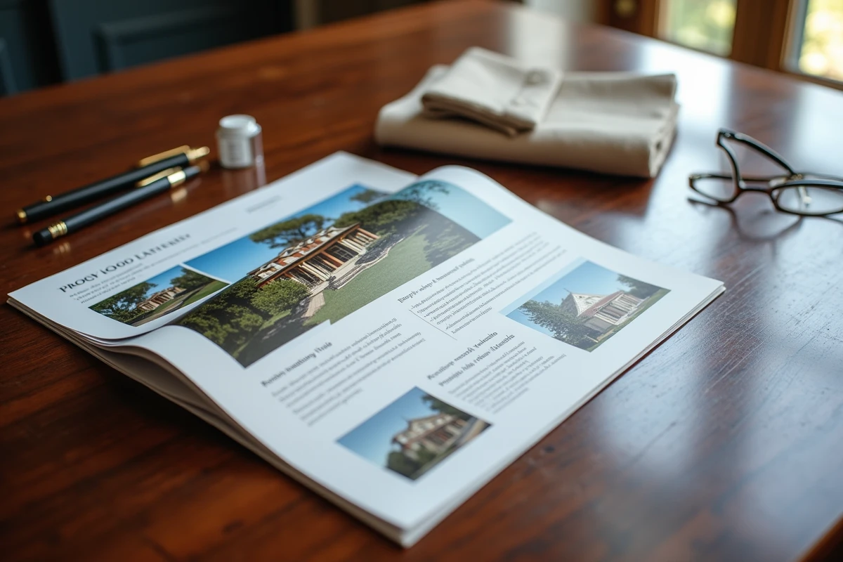 Brochure d'estimation immobilière prestige ouverte sur un bureau en chêne avec stylo de luxe et lunettes, symbolisant l'exigence des acheteurs haut de gamme