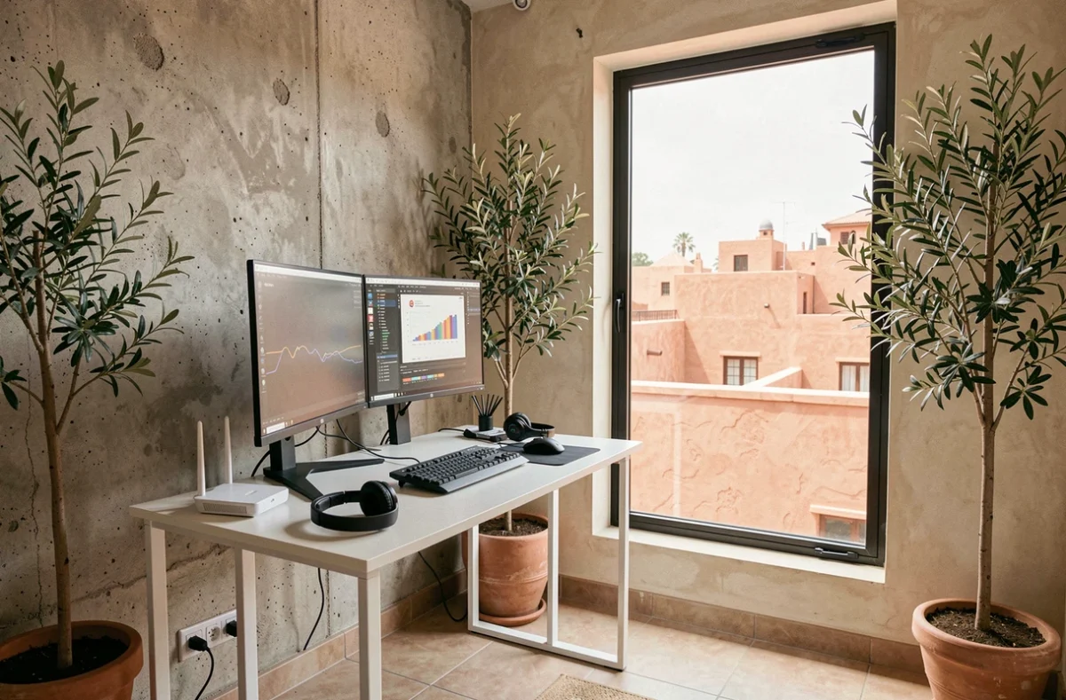Bureau de télétravail moderne dans un appartement rénové à Marrakech avec vue sur les toits de la médina