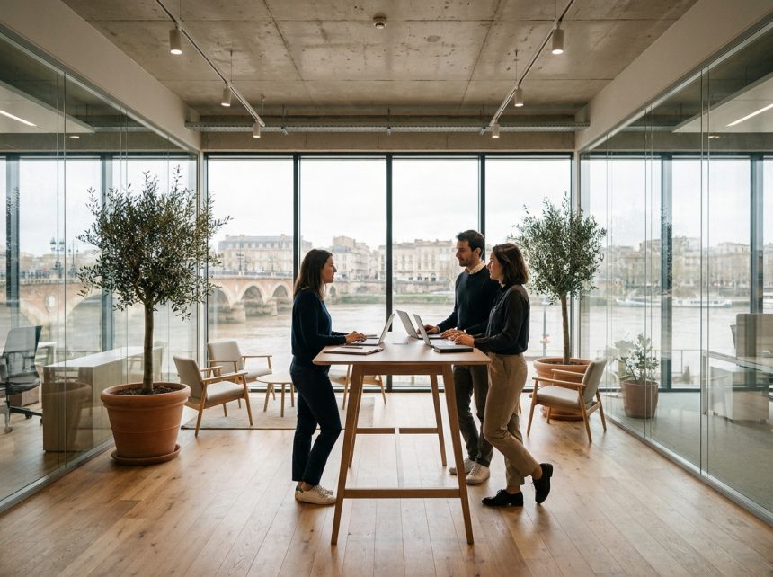 Espace de coworking moderne à Bordeaux avec vue sur la Garonne, professionnels collaborant autour d'un bureau debout