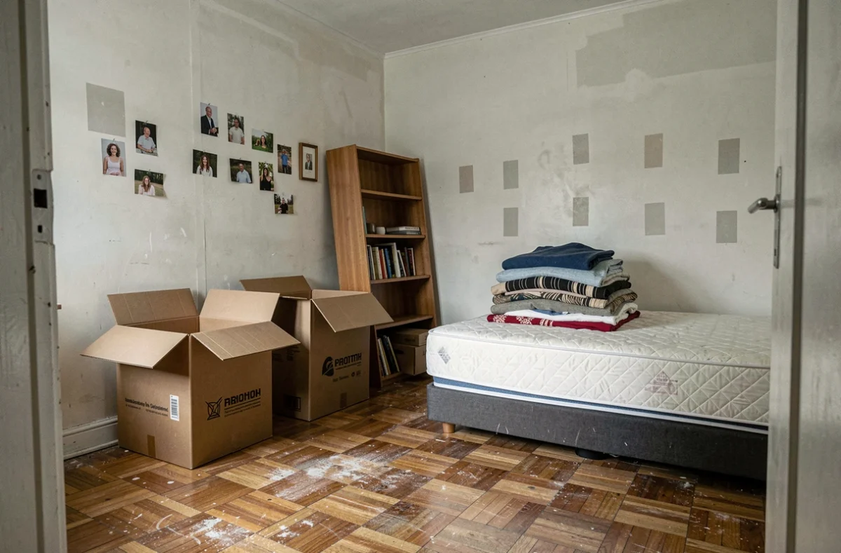 Chambre en cours de vidage avec cartons et effets personnels avant la mise en vente d'une maison