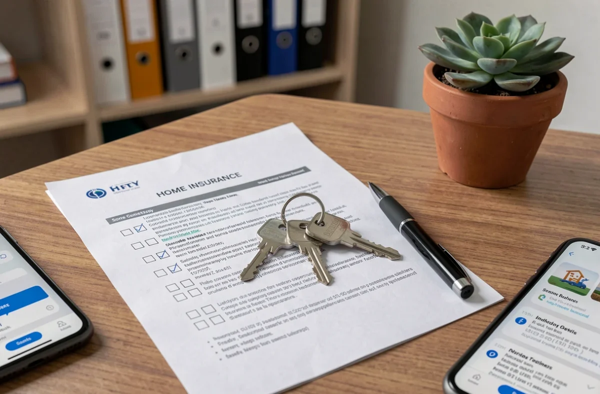 Clés d'appartement et contrat d'assurance habitation posés sur un bureau, démarches de location