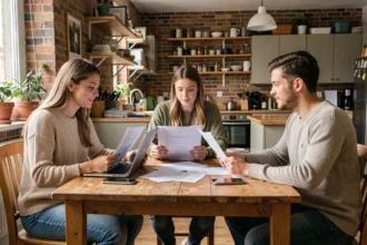 Trois colocataires jeunes adultes autour d'une table en bois comparant des devis d'assurance habitation pour leur colocation