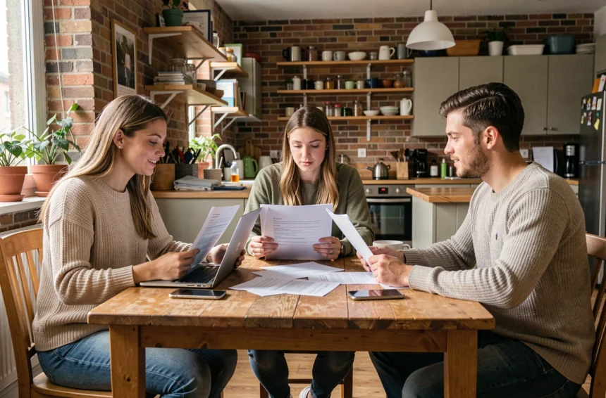 Trois colocataires jeunes adultes autour d'une table en bois comparant des devis d'assurance habitation pour leur colocation