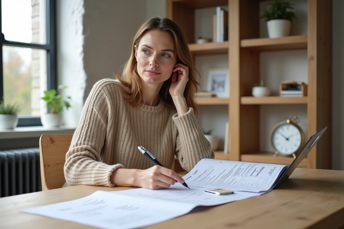 Femme comparant des devis pour la construction d'une maison ossature bois