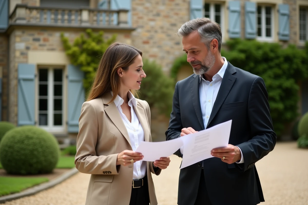 Deux professionnels de l'immobilier comparant des estimations différentes devant une maison en pierre traditionnelle française, symbolisant l'écart entre agence locale et réseau prestige