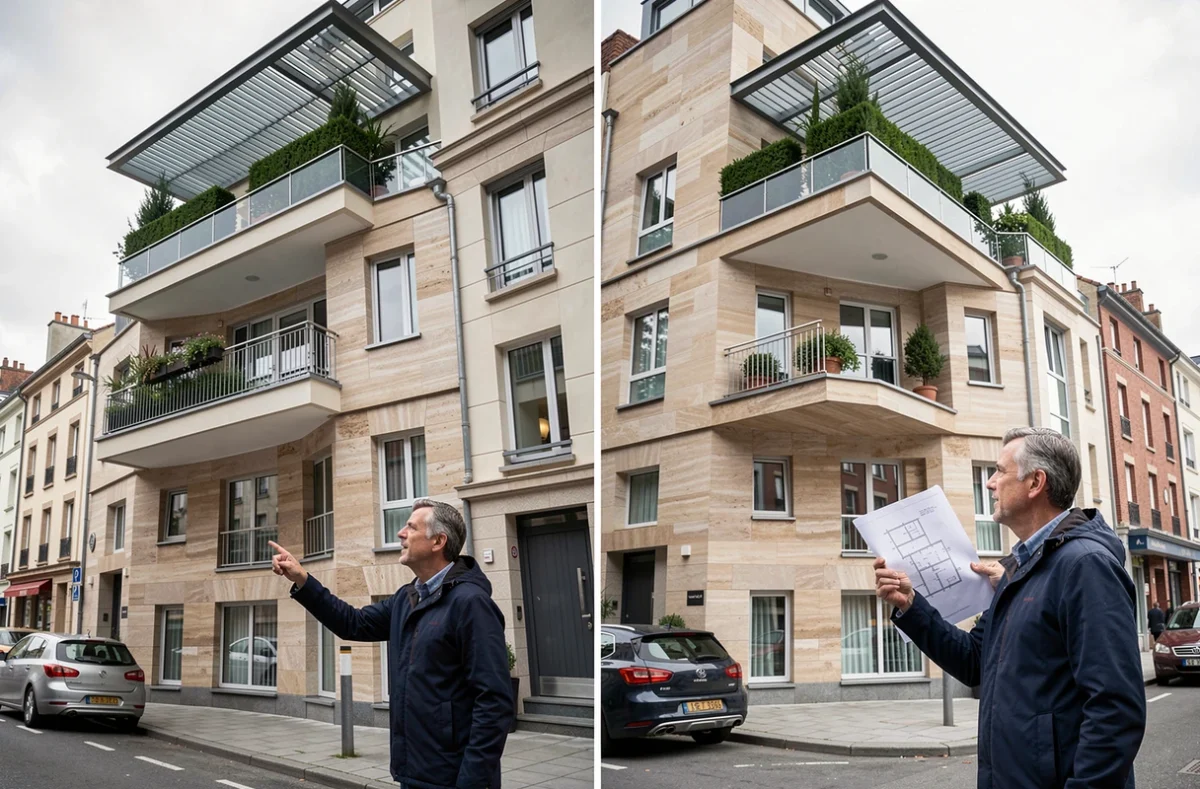 Comparaison architecturale entre un penthouse avec grande terrasse et un appartement terrasse standard dans un immeuble résidentiel
