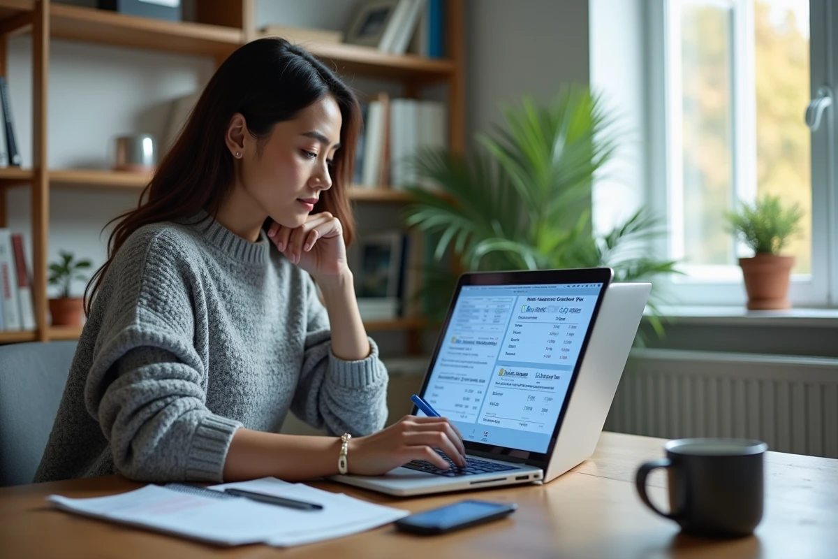 Femme comparant les taux immobiliers et les offres d'assurance emprunteur sur ordinateur depuis son bureau à domicile