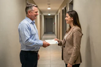 Propriétaire remettant un congé locatif en main propre à une locataire dans le couloir d'un immeuble résidentiel