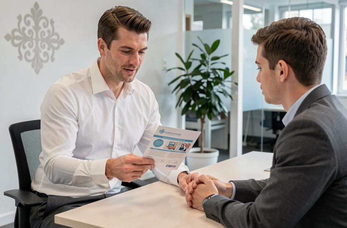 Conseiller en assurance habitation expliquant un contrat à un client dans une agence à Colmar