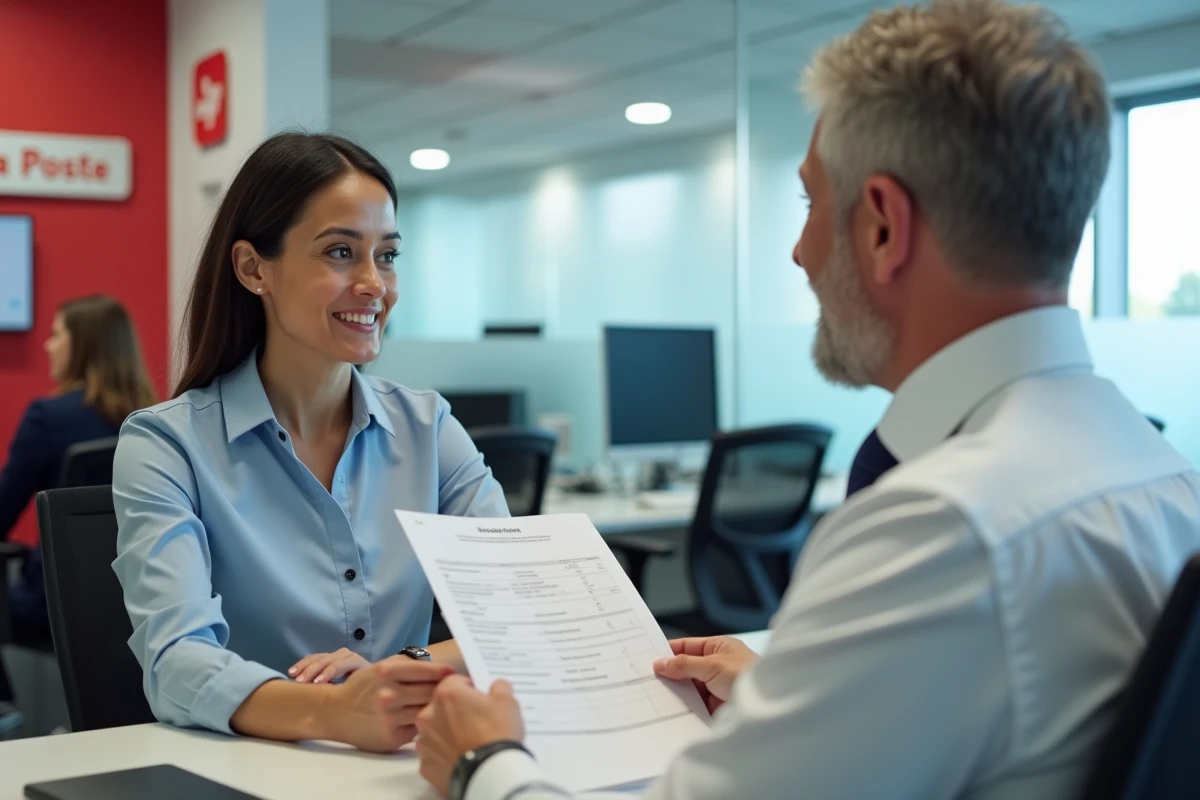 Conseillère bancaire La Poste discutant d'un transfert de crédit immobilier avec une cliente dans une agence