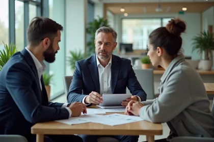 Conseiller financier présentant les meilleurs taux de crédit immobilier et assurance emprunteur à un couple en agence bancaire